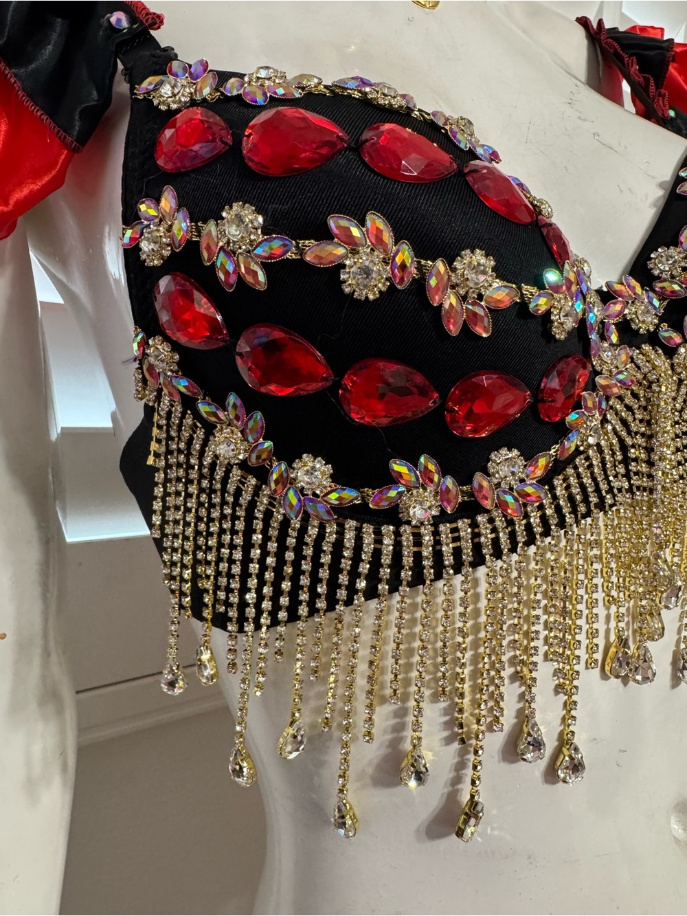 New L red jeweled black bra top lingerie festival rave outfit carnival beaded - Picture 3 of 13